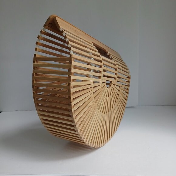 Woven Rattan Tan Bamboo Semi Circle Arc Satchel Bag - Picture 4 of 9